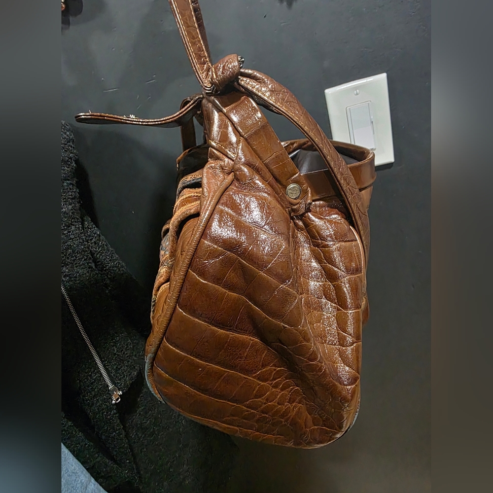 Vtg Brown Patchwork Croc Embossed Shoulder Bag 15… - image 12